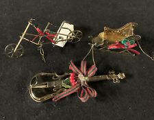 Vintage Brass Sled, Tandem Bicycle And Guitar Christmas Ornaments Set of 3. picture