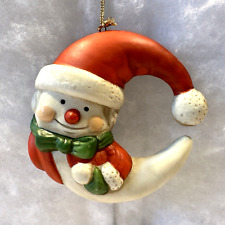 Vintage Rare Ceramic Bisque Snowman Santa in Crescent Moon Christmas Ornament picture