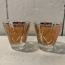 2~VTG CULVER Orange Abstract Floral 22k Gold Painted Whiskey Barware Glasses picture
