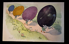 Tiny Elves~Gnomes ~Carry Eggs~1918 Art Deco Easter Fantasy Postcard~German~k109 picture