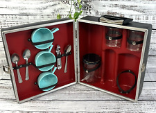 Vintage Camping Cooking Picnic Luggage Case Set Blue Cups Mugs Jars Spoons picture