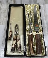 Vintage German Solingen Carving Set 4 Utensil Stag Horn Handle Hunting 1960s picture