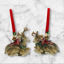 VTG 1984 Fitz & Floyd PAIR of Reindeer Christmas Candle Holder Holiday Leaves picture