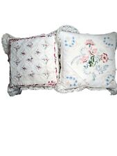 Vintage Pair Hand Embroidered Floral Throw Pillows~Granny Core~Lace Edges~Signed picture