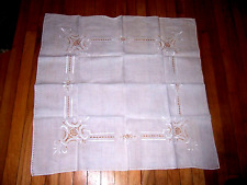 vintage stunning linen tablecloth w white embroidered & open work  32''by 32'' picture