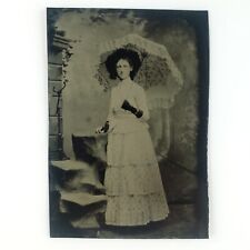 Woman Holding White Parasol Tintype c1870 Antique Lady 1/6 Plate Photo A3857 picture