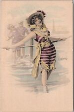 c1910s Artist-Signed W. BRAUN Postcard Pretty Girl / Striped Bathing Suit UNUSED picture