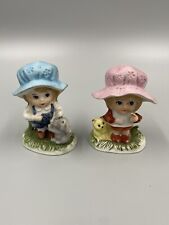 Vtg Artmark Set Of 2 Ceramic Hand Painted Girl & Boy 3” Figurines In Bonnet Hats picture