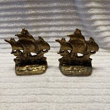 Vintage PAIR OF HEAVY BRASS Pirate Ships BOOKENDS Boat Beach Bookends picture