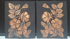 PAIR Vintage Copper Black Flowers Relief Picture Panels Embossed Plaques  picture