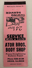 Vintage Ator Bros Body Shop, Orion IL, front strike matchbook cover picture