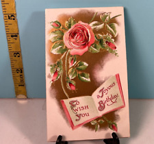 Vintage Wish you Joyous Birthday beautiful pink rose-gold embossed postcard picture