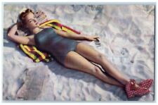 c1940's Pretty Woman Beach Bathing Lying Down On Sand Unposted Vintage Postcard picture