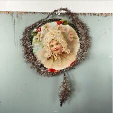 Antique Vintage Victorian Christmas Scrap Tinsel Ornament Flower Bonnet Litho picture