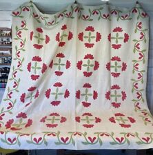 Antique Early 1900s Floral Appliqué Hand Sewn Quilt 84” X 84” Red Green White picture