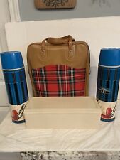 Vntg Thermos Picnic Set King Seeley 1973 Lunchbox 2 Metal Bottles W/Plaid Tote picture