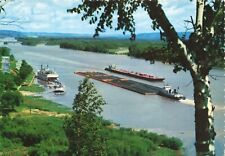 Postcard Mississippi River Boats Barges Paddle-wheel Steam Ship Shore picture
