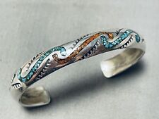 MESMERIZING VINTAGE NAVAJO TURQUOISE CORAL CHIP INLAY STERLING SILVER BRACELET picture