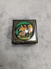 Russian Square Palekh Trinket Black Lacquer Box with Fairy Tale Scene 2” picture