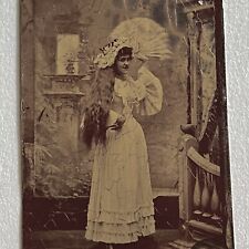 Antique Tintype Photograph Beautiful Young Woman Fan Long Hair Edgewater FL picture