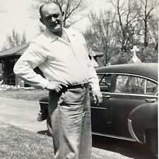 O3 Photograph Old Man Turning To Camera Hand On Hip Old Car 1950's  picture