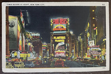 Postcard Times Square at Night New York City Vintage Linen picture