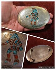 LARGE VINTAGE Silver WOLF KACHINA BELT BUCKLE Turquoise, Coral, Jet Inlay (143g) picture