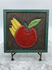 Vintage Folk Art Wood Carved Wall Plaque Hand Painted Red Apple & Yellow Banana picture