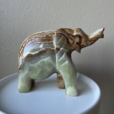 VTG Green Onyx Jade Marble Elephant Figurine Trunk Up Hand Carved Statue Stone picture