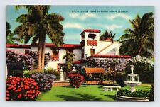 Linen Postcard Miami Beach FL Florida Lovely Spanish Colonial Home Flowers picture