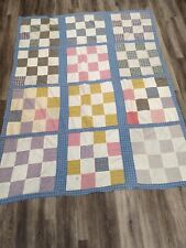 Vintage Quilt TOP 16 Patch Plaid 80x65 Hand Pieced Great Old Fabric Upcycled?  picture