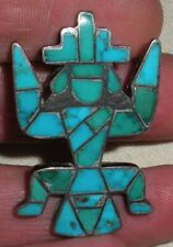VINTAGE ZUNI BLUE GEM TURQUOISE INLAID KACHINA STERLING SILVER PIN vafo picture