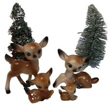 Vintage 1950's Plastic Fawn Deer Family Blue Eyes Includes Bottle Brush Trees picture