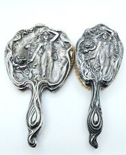 Stunning Antique Art Nouveau Repousse Hand Mirror And Brush Set Woman Roses picture