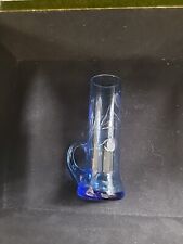 Vintage Blue Glass Etched Flowers Cordial Shot Glass 4