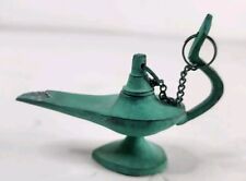 Vintage Solid Brass Green Ornate Small Aladdin Genie Lamp 3