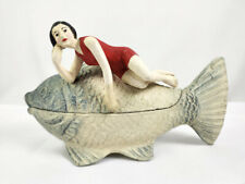 Vintage Palecek Bathing Beauty Swimsuit Lady on Fish Lidded Trinket Box picture