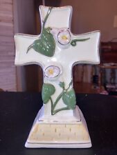 NEW 7” x 4.25” White Ceramic Cross w/ Raised Flowers & Ivy Standing Table Cross picture
