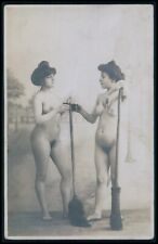 French full nude woman Broom witches original old early 1900s photo postcard picture