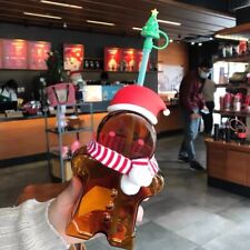 Starbucks Christmas Gift Gingerbread Man Shaped Glass Straw Cup with Topper Plug picture