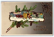 c1910's Merry Christmas Pine Cone Horse Carriage Gel Gold Gilt Embossed Postcard picture