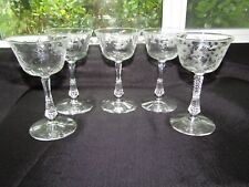 Lot of 5 Etched Flower Flared Coupe Wine Vintage Glasses picture