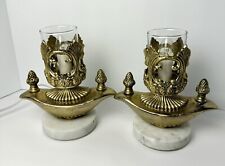 Pair Vintage Art Deco Hollywood Regency Brass Tone Aladdin Lamps Marble Base 8” picture