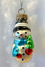 Vintage 1970s Blown Glass Snowman Decorated Mica Glitter Christmas Ornament 2” picture