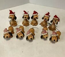 Lot of Vintage Flocked Christmas Ornaments Hound Dog Puppy w/ Santa Hat Bells picture