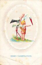 Hearty Congratulations, Stork Baby & Cupid, Embossed, Vintage Postcard picture