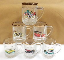 6 Old Antique Cars Shot Glasses Mug Style Barware Clear Textured Gold Rim picture