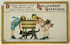 Halloween Greetings Ducking For Apples in a tub Girl Boy Black Cat Postcard F3 picture