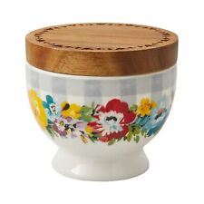 Pioneer Woman Sweet Romance Salt Cellar Floral Stoneware Wood Lid 4 x 4 x 3.5-in picture