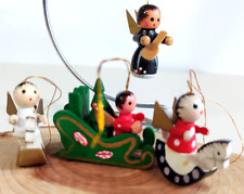 4 Vintage Small Wooden Angel Ornaments on Sleigh & Rocking Horses~1.25 inches picture